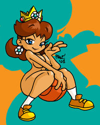 00s 1girls 2000s 2008 ass ball basketball blue_eyes breasts brown_hair cleavage covering crown earrings female female_only flower_earrings half-closed_eyes human lips mario_(series) mario_hoops_3_on_3 nintendo nude nude_cover praiz princess_daisy shoes shoulder_length_hair smile socks solo straight_hair tan_skin thick thick_thighs thighs wide_hips