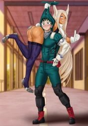 1boy 1girls amenoosa ass ass_grab big_ass bodysuit bunny_ears bunny_girl carrying carrying_over_shoulder carrying_partner dark-skinned_female dark_skin female green_hair hoodie huge_ass interracial izuku_midoriya leotard light-skinned_male light_skin male miruko my_hero_academia rumi_usagiyama smile thumbs_up white_hair