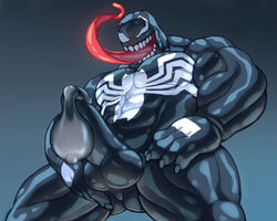1boy abs balls bara blackmonster condom cum cum_in_bodysuit cum_inside filled_condom humanoid long_tongue low-angle_view male male_only marvel marvel_comics muscular open_mouth pecs penis sharp_teeth simple_background smile smooth_skin solo spider-man_(series) symbiote teeth tongue tongue_out venom venom_(marvel) worm's-eye_view yaoi