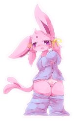 1girls anthro big_ass big_ears blush clothed eeveelution espeon feline female female_only flat_chest furry half-closed_eyes heart heart-shaped_pupils kamawahi long_ears looking_away nintendo open_mouth pajamas panties pokemon pokemon_(species) pokemon_gsc purple_eyes pussy_juice ribbons solo standing sweat tail teeth thick_thighs tongue underwear wet white_background white_panties wide_hips