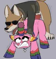 2018 animal_genitalia animal_penis animate_inanimate balls canine canine_penis clothed clothing coyote cross duo equine eyelashes eyewear female feral fur highres hooves horn keadonger knot male mammal penis piñata pink_body pink_fur scp-2547 scp-956 scp_foundation sex straight