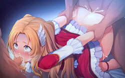 2boys alfin_reise_arnor arm_grab arms_held_back ass bed blonde_hair blood blue_eyes blush bow breasts censored crying crying_with_eyes_open cum cum_in_mouth cum_in_nose cum_in_pussy cumdrip doggy_style dress eiyuu_densetsu female frills hair_ornament ikusagawa kneeling long_hair mosaic_censoring multiple_boys open_clothes open_dress oral princess prison_guard_position puffy_sleeves rape restrained royalty sen_no_kiseki spitroast tears vaginal_penetration very_long_hair virgin virginal_blood