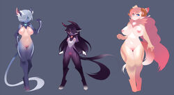 2_tails 4_toes 5_fingers apocanymphs_(species) big_breasts blue_eyes breasts brown_horn digitigrade female fur group hair heart horn inner_ear_fluff kanel larger_female long_hair multi_tail navel neck_tuft nipples nude pink_hair pink_nipples purple_fur purple_hair purple_horn pussy red_eyes short_hair simple_background size_difference smaller_female standing thick_thighs toes tuft white_hair