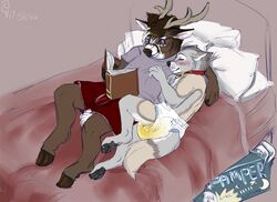 anthro antlers bed biped canine cervine clothed clothing collar diaper duo fully_clothed horn male mammal nathan_(draugr) on_bed partially_clothed randall_(draugr) reading sleeping spooky-ooky urine wet_diaper wetting wolf