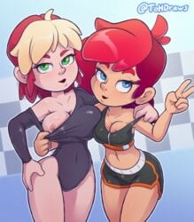 2girls :o blue_eyes breasts female female_only green_eyes huge_breasts medium_breasts medium_hair multicolored_hair multiple_girls nera_(the_other_half) nipples open_clothes open_mouth original red_hair short_hair sports_bra tanned the_other_half