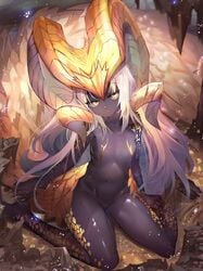 black_skin female female flat_chest fuyouchu gold horns kulve_taroth monster_girl monster_hunter monster_hunter:_world navel nude personification solo yellow_eyes