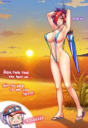 alternate_costume angry ash_(paladins) beach beach_umbrella big_ass big_breasts bikini chibi feet flip_flops ikkimay lian_(paladins) paladins red_toenails sandals shore_patrol_(paladins) shore_patrol_lian sling_bikini swimsuit