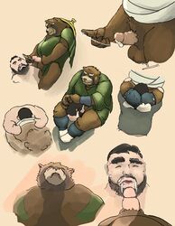 2018 anthro balls belly bezdomny brown_fur closed_eyes clothing cum duo erection fur gyobu hat human human_on_anthro humanoid_hands interspecies male mammal oral overweight overweight_male penis robe simple_background tokyo_afterschool_summoners yaoi