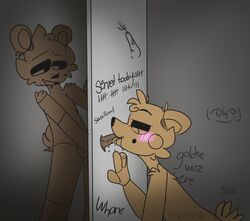 2018 animatronic bear blush fellatio five_nights_at_freddy's five_nights_at_freddy's_2 freddy_(fnaf) fur glory_hole golden_freddy_(fnaf) machine male mammal oral oral_penetration penetration penis robot sex toy_freddy toy_freddy_(fnaf) video_games yaoi