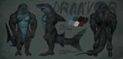 abs absurd_res animal_genitalia anthro anthro_only artificial_eye ass back_muscles biceps big_muscles black_skin blue_eyes blue_skin claspers claws dark dorsal_fin draa'vor english_text fin fish front_view furry hi_res male marine megalodon_(artist) model_sheet muscular muscular_male navel nipples no_humans nude open_mouth pecs rear_view scar shark shark_tail side_view solo standing tattoo teeth text vein