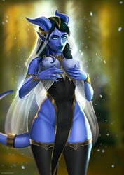 areolae breasts draenei evasolo female female_only highleg looking_at_viewer nipple_piercing nipples pelvic_curtain solo thighhighs world_of_warcraft