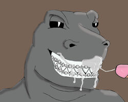 anthro braces creature_pet_(badboylol) cum cum_in_mouth cum_inside cum_on_braces cum_on_face cum_on_teeth dinosaur human human_on_anthro interspecies male mammal nightcorelights oral penis raptor sharp_teeth smile solo_focus teeth theropod yaoi