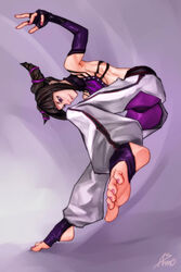 asmo bangs black_hair breasts capcom clothed detached_sleeves drill_hair feet female female_only fingerless_gloves full_body gloves human juri_han nail_polish pants pink_eyes pink_nails pink_toenails shirt sidelocks signature soles solo street_fighter tiptoes toenail_polish toes twin_drills