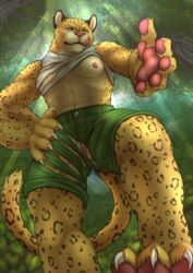 anthro bloody_roar breasts claws clitoris clothing feline female fur jaguar jungle licking licking_lips looking_at_viewer looking_down low-angle_view mammal muscular muscular_female nipples outside pants pawpads paws pussy pussy_juice shina_(bloody_roar) shina_the_leopard shirt small_breasts solo spots tongue tongue_out torn_clothing wardrobe_malfunction whiskers worm's-eye_view yaroul yellow_eyes yellow_fur