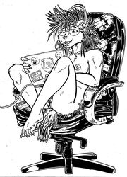 2018 anthro buckteeth chair cheek_tuft chest_tuft claws computer elbow_tufts eyewear female glasses headphones laptop mammal monochrome nipples nude open_mouth open_smile porcupine pussy rodent simple_background sitting smile solo style_wager tanya_quille tape teeth toe_claws tuft