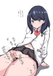 between_thighs black_hair blue_eyes breasts censored cum cum_on_thighs ejaculation ejaculation_between_thighs erection female half-closed_eyes heart highres little_penis long_hair long_sleeves mostly_clothed navel no_panties penis pleated_skirt pubic_hair red_neckwear ryouten9 school_uniform simple_background sitting skirt small_breasts solo ssss.gridman straight sweatdrop takarada_rikka text_focus thick_thighs thigh_sex thighs translation_request veins veiny_penis white_background