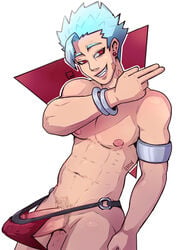 1boy abs blue_hair cooljeng looking_at_viewer male male_only muscles nipples penis red_eyes seven_deadly_sins smile standing underwear