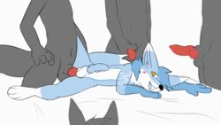 2018 anal anal_sex animated anthro balls canine furry group group_sex knot lying male mammal martinballamore open_mouth penetration sex simple_background white_background yaoi