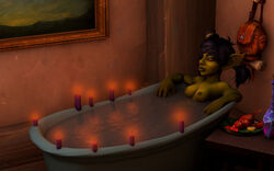 3d bath bathing bathroom bathtub black_hair candle female gadgetzanauctionhouse goblin goblin_female green_skin hat nude partially_submerged pointy_ears the_auctioneer_(gadgetzanauctionhouse) world_of_warcraft