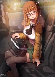 1girls aquaegg black_thighhighs blush breasts bus_interior covered_erect_nipples female girls_und_panzer glasses large_breasts long_hair looking_at_viewer navel ooarai_school_uniform open_mouth orange_eyes orange_hair school_uniform sitting skirt smile solo takebe_saori thighhighs train_interior