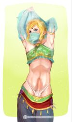 1boy androgynous balls balls_in_panties blonde_hair blue_eyes blush breath_of_the_wild canon_crossdressing censored clothed clothing crossdressing erection femboy gerudo_link gerudo_sirwal gerudo_top gerudo_veil girly gradient_background hair hourglass_figure humanoid humanoid_penis hylian link link_(breath_of_the_wild) looking_at_viewer male male_focus male_only mosaic_censoring nintendo pants_down partially_clothed patreon penis pointy_ears reddverse simple_background solo the_legend_of_zelda trap underwear video_games