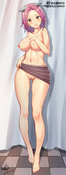 absurdres akiza_izinski areolae artist_name barefoot breasts brown_skirt chestnut_mouth collarbone curtains dated feet female female_only fingernails full_body gluteal_fold hand_on_own_chest hand_up happy highres horns indoors izayoi_aki konishi_(pixiv12218414) large_breasts lifted_by_self looking_at_viewer miniskirt navel nipples no_panties open_mouth orange_eyes pencil_skirt pink_hair pixiv_id pussy shiny shiny_hair shiny_skin short_hair signature skirt skirt_lift smile solo standing sweat teeth thigh_gap toes topless uncensored watermark weibo_username yu-gi-oh! yu-gi-oh!_5d's yuu-gi-ou_5d's