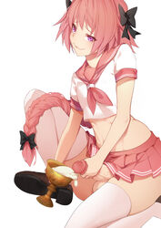 1235 1boy absurdres astolfo_(fate) black_bow blush bow braid chalice crossdressing cum cum_in_container cup drink erection fate_(series) femboy hairbow highres long_hair male_focus midriff miniskirt naughty_face navel oerba_yun_fang penis pink_hair pleated_skirt purple_eyes sailor_collar school_uniform serafuku short_sleeves simple_background skirt smile solo stomach testicles thighhighs trap uncensored very_long_hair wavy_mouth white_background white_legwear