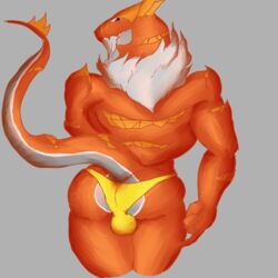 1boy anthro ass big_ass bulge clothing daikuhiroshiama dinosaur looking_back male male_only nintendo pokémon_(species) pokemon pokemon_xy red_skin scalie solo speedo swimsuit tail testicles thick_thighs topless tyrantrum underwear video_games white_skin wide_hips yellow_underwear