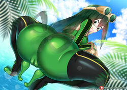 1girls ass ass_focus big_ass big_butt bimbo bodysuit bottom_heavy bubble_ass bubble_butt butt_focus cloud female goggles green_hair hero_outfit_(mha) huge_ass large_ass long_hair my_hero_academia patreon skintight sky teenager thick_ass tofuubear tongue tongue_out tsuyu_asui water
