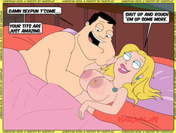 1boy 1girls accurate_art_style alpha_male american_dad bed bedsheets black_hair blonde_hair breast_piercing breasts earrings female francine_smith hardplay human human_only implied_sex indoors jewelry light-skinned_female light-skinned_male light_skin lipstick looking_at_breasts looking_at_partner lying lying_on_back lying_on_bed lying_on_side makeup male nipple_piercing nipples nude open_mouth pierced_nipples sexpun_t'come shirtless smile stan_smith straight tagme