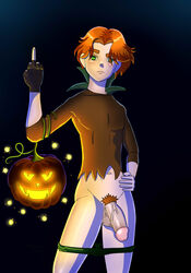 1boy badassguy big_penis gay green_eyes halloween halloween_costume male orange_hair penis pubic_hair pumpkin testicles uncensored yaoi