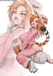 animal_ears animal_print areolae ass ass_cleavage blush breasts brown_eyes brown_hair bursting_breasts butt_crack commentary cum english_commentary facial fangs female full_body gao-lukchup gloves gradient_hair grey_hair hat highres huge_breasts long_hair medium_hair multicolored_hair nipples no_bra no_panties one_eye_closed open_mouth original pajamas patreon_username paw_gloves paw_shoes paws punching_bag shoes solo straddling tail tears tiger_ears tiger_print tiger_tail torn_clothes watermark web_address yawning zoom_layer