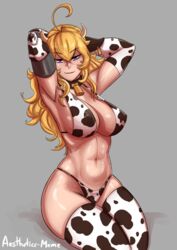 1girls abs absurd_res aestheticc-meme armpits arms_behind_head arms_up bell_collar blonde_hair bra breasts busty cleavage collar cow_accoutrements cow_girl cow_horns cow_print cowbell female female_only hourglass_figure large_breasts lavender_eyes long_gloves long_hair moo_bitch panties rwby solo text thick_thighs thighhighs voluptuous watermark wide_hips yang_xiao_long