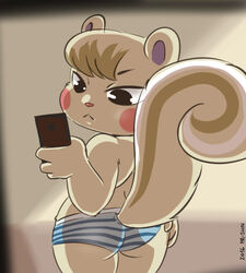 2016 :< animal_crossing ass background male_only marshal_(animal_crossing) mr-shin nintendo panties phone presenting_ass self_shot selfie striped_panties thighs watermark