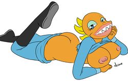 2018 anthro ass bald big_lips big_mouth blue_eyes boots breasts breasts_out commission dat_ass dorsal_fin eyelashes female female_only fins fish flashing head_fin head_fins hitori09 lip_service_(character) nickelodeon orange_skin pants partially_clothed partially_undressed pink_lips sharp_teeth smile smooth_skin solo spongebob_squarepants sweater teeth