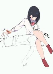 1boy ankle_socks anklehighs black_hair bored bow cardigan cellphone faceless_male female handjob jikatarou legs penis phone red_bow red_legwear red_socks school_uniform scrunchie socks ssss.gridman tagme takarada_rikka thighs white_background