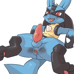 1boy 2018 3_fingers 3_toes animal_genitalia animal_penis anus ass black_fur blue_fur canine canine_penis erection fangs feet fur furry kesu_pu knot leaking looking_at_penis lucario male male_only mammal nintendo open_mouth paws penis pokemon pokemon_(species) pokemon_dppt pu_sukebe reclining red_eyes simple_background solo tail tan_fur testicles thick_thighs toes tongue tongue_out video_games white_background ケスープ