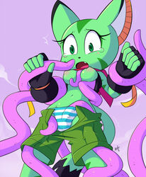 anthro areolae ayb aybr bandana between_breasts blush breasts carol_tea clothed clothing eyelashes feline female female_only fingerless_gloves forced freedom_planet gloves grabbing green_eyes green_fur green_skin mammal medium_breasts navel nipples open_mouth panties restrained sex shorts solo striped striped_panties stripes tears tentacle tentacle_between_breasts tentacle_grab tentacle_sex tentacle_under_clothes topless underwear undressing video_games wildcat