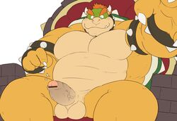 1boy alternate_version_at_source balls beartouma_0517 bowser censored chair claws cute_fangs erection eyebrows green_skin hair holding_camera holding_object horn humanoid_penis ineffective_censorship koopa looking_at_viewer male male_only mario_(series) musclegut muscular nintendo overweight overweight_male pecs penis red_hair scalie shell simple_background sitting smile solo testicles thick_eyebrows throne uncut vein veiny_penis video_games white_background yellow_skin