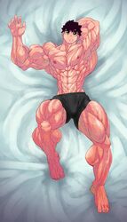 1boy abs bara biribeast_(artist) black_hair boxers green_eyes male male_only muscles nipples on_bed solo