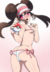 1girls ass ass_cleavage ass_up back bikini blue_eyes blush bow bra breasts brown_hair butt_crack cameltoe double_bun eye_contact female female_only glowing_eyes heart-shaped_pupils heavy_breathing holding long_hair looking_at_viewer looking_back nintendo panties pink_background pink_eyes poke_ball pokemon pokemon_bw2 rosa_(pokemon) side-tie_bikini small_breasts smile solo source_request standing thigh_gap twintails underboob underwear white_bikini white_bra wide_hips xenoxeno