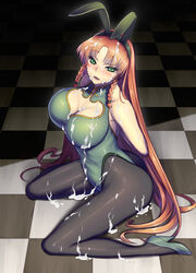 1girls animal_ears breasts bunny_ears bunny_girl bunnysuit cum cum_on_body cum_on_breasts cum_on_face cum_on_upper_body fake_animal_ears heart-shaped_pupils high_heels hong_meiling jonylaser leotard looking_at_viewer touhou