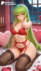 1girls 2026 ai_assisted ai_generated anime artist_name bed breasts bust c.c. code_geass explicit garter_belt gift green_hair hi_res high_quality high_resolution highres indoors long_hair moonlight night night_sky on_bed patreon patreon_username pillow sky skypassion solo stable_diffusion underwear valentine's_day valentines_day very_long_hair watermark window