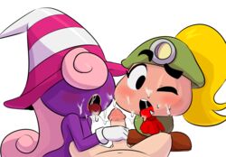 1boy 2girls blush cum facial female goombella handjob hearlesssoul mario_(series) nintendo one_eye_closed open_mouth paper_mario penis soulteam vivian_(paper_mario) white_background