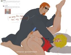 1boy 1cuntboy bottomless crossover devesto dialogue die_of_death_(roblox) english_text intersex missionary_position one_leg_up penis postal_(series) postal_dude pussy reference_image roblox roblox_game robloxian tagme text vaginal_penetration