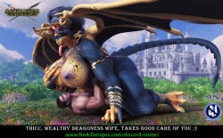3d_(artwork) anthro big_breasts breasts digital_media_(artwork) dragon duo english_text female genitals hi_res horn huge_breasts human humanoid male male/female mammal muscular muscular_female mythological_creature mythological_scalie mythology nipples noaidesigns on_bottom on_top scalie size_difference smaller_human spread_legs spreading tail text thick_thighs url widescreen wings