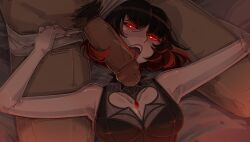 1boy 1girl bare_shoulders black_dress black_hair breasts cleavage_cutout clothing_cutout commentary deadlock_(game) dress english_commentary fangs gem glowing glowing_eyes heart heart-shaped_pupils highres looking_at_viewer lying male_pubic_hair medium_breasts mina_(deadlock) multicolored_hair on_back open_mouth penis pubic_hair red_eyes red_gem red_hair short_hair shuuko shuuko_(s_h_uuko) sleeveless sleeveless_dress symbol-shaped_pupils upper_body vampire