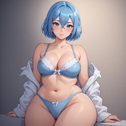 ai_generated blue_eyes blue_hair chubby_female expressionless underwear