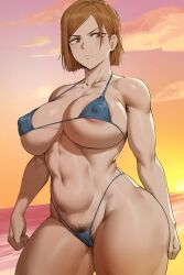 1girls abs ai_generated areola_slip bare_shoulders beach bikini blue_bikini breasts brown_eyes brown_hair closed_mouth cloud collarbone covered_nipples female female_only female_pubic_hair highleg highleg_bikini jujutsu_kaisen kugisaki_nobara large_breasts looking_at_viewer micro_bikini muscular muscular_female navel ocean orange_sky outdoors pubic_hair pubic_hair_peek short_hair sky solo sunset swimsuit thick_thighs thighs