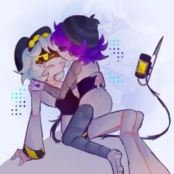 1boy 1girls beanie beanie_hat blushing_male canon_couple glitch_productions murder_drones n_(murder_drones) naked_female naked_male purple_hair robots straight tail uzi_(murder_drones) uzi_doorman yellow_eyes yellow_eyes_male